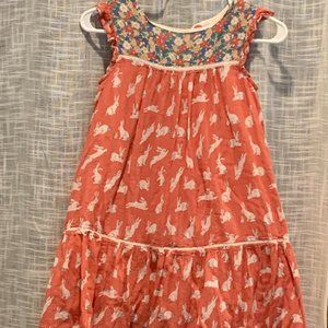 Mini Boden Orange Red Bunny & Floral Flowy Dress, Size 9-10 Girl